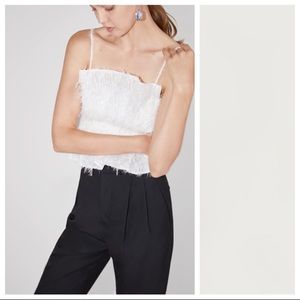 Zara White Fringe Textured Feather Effect Cinched Waist Spaghetti Strap Top